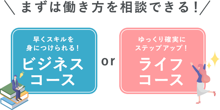 まずは働き方を相談できる！早くスキルを身につけられる！ビジネスコース。orゆっくり確実にステップアップ！ライフコース