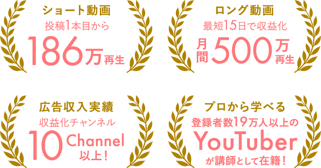 ショート動画 投稿1本目から186万再生。 ロング動画 最短15日で収益化 月間500万再生。 広告収入実績 収益化チャンネル10Channel以上！ プロから学べる 登録者数19万人以上のYouTuberが講師として在籍！