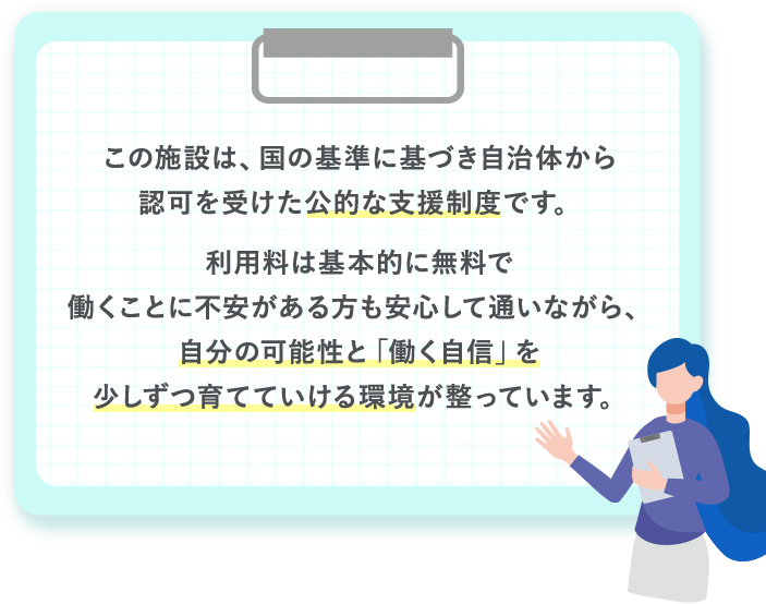 この施設は、国の基準に基づき自治体から認可を受けた公的な支援制度です。